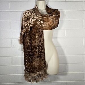 Hand Dyed Walnut Silk Blend Velvet Burnout Floral Scarf Maximalist Boho 12x66